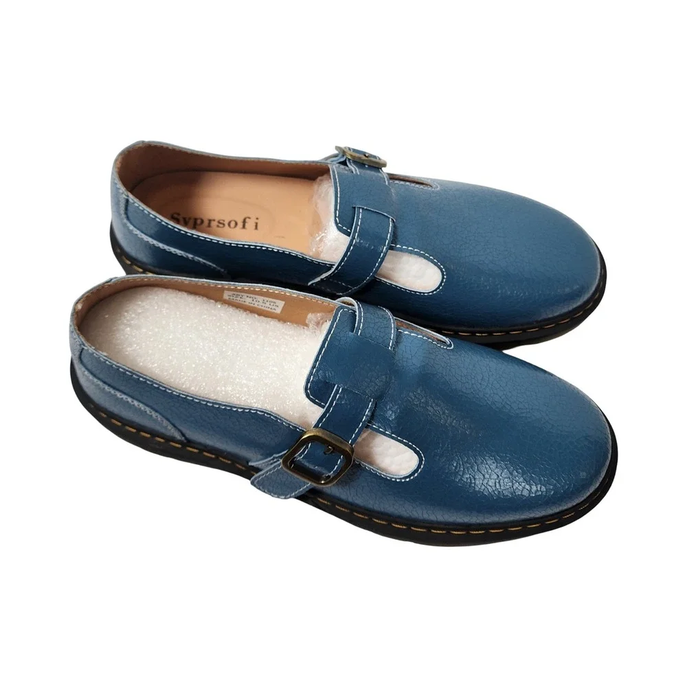 Svprsofi Blue Crackle Patent Mary Jane T-Strap Lug Sole Shoes 1105 Mens 10.5 US